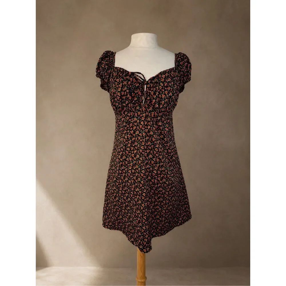 Bershka Black and Red Floral Mini Dress Sz L